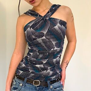 Y2K Silk Blend Halter Top Teal Swirl XS 2000s Going Out